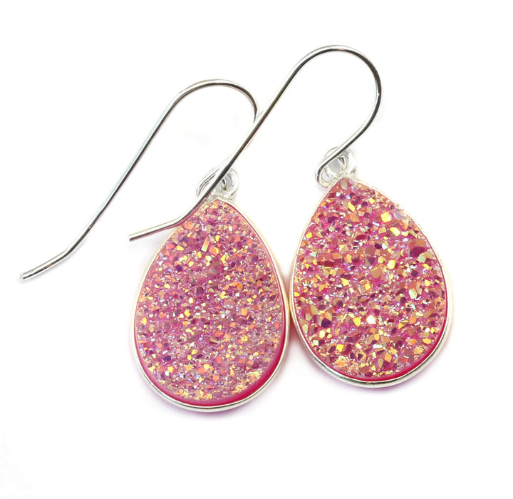 Pink Drusy Earrings Druzy Large Teardrops Sterling Silver or 14k Solid Gold or Filled Bezel Set Simple Drops Fuchsia Pink Daily Sparkly