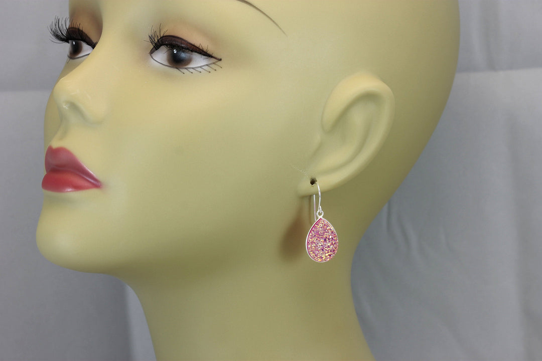 Pink Drusy Earrings Druzy Large Teardrops Sterling Silver or 14k Solid Gold or Filled Bezel Set Simple Drops Fuchsia Pink Daily Sparkly