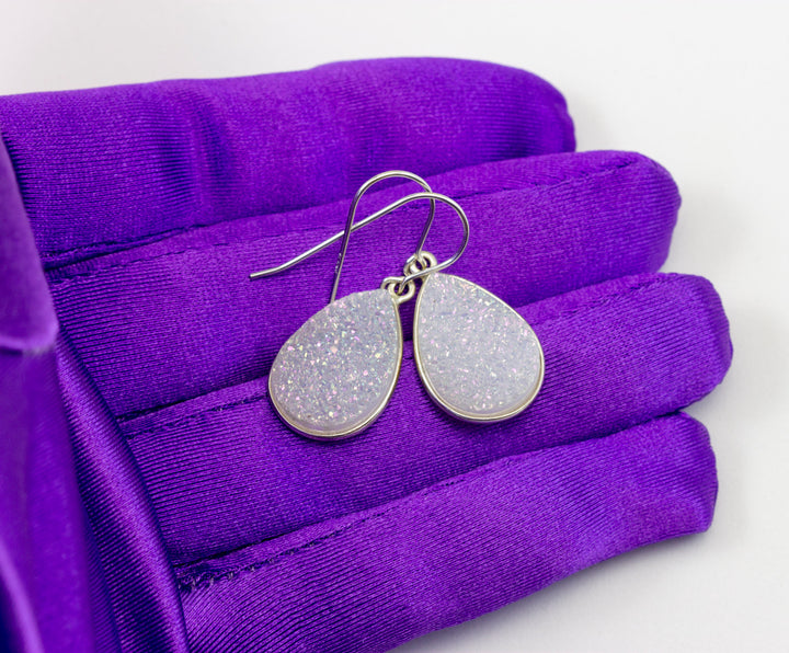 White Drusy Earrings Druzy Teardrop 14k solid gold or filled or sterling silver Large Bezel Simple Drops Fine Druse Quartz Spyglass Designs