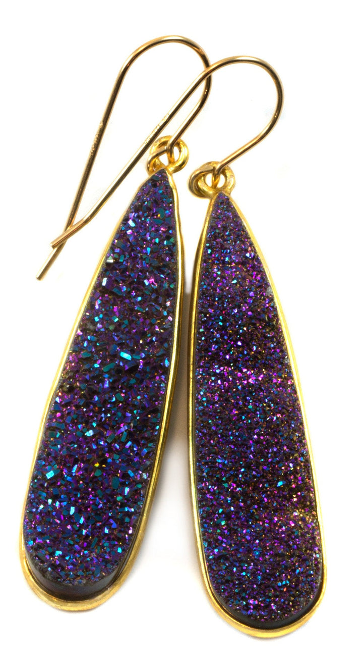 Purple Peacock Drusy Earrings Druzy Long Teardrop 14k Solid Gold or Filled Ear Wires Bezel Simple Drops Fine Quartz Sparkly Natural 2 Inch