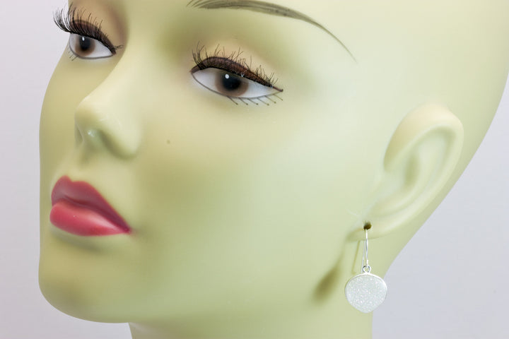 White Drusy Earrings Druzy Heart Shaped Sterling Silver or 14k yellow solid gold or filled Bezel Simple Drops Fine Druse Quartz Spyglass