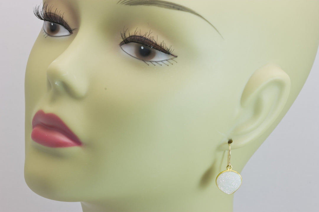 White Drusy Earrings Druzy Heart Shaped Sterling Silver or 14k yellow solid gold or filled Bezel Simple Drops Fine Druse Quartz Spyglass