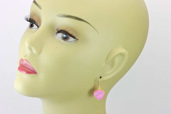 Pink Drusy Earrings Druzy Heart Shaped Sterling Silver or 14k yellow solid gold or filled Bezel Simple Drops Fine Druse Quartz Spyglass