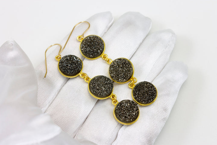 Drusy Earrings Platinum Black Druzy 14k Solid Gold or Filled French Ear Wires 2.5 inch Long Triple Hung Round Bezel Set Natural Quartz Drops