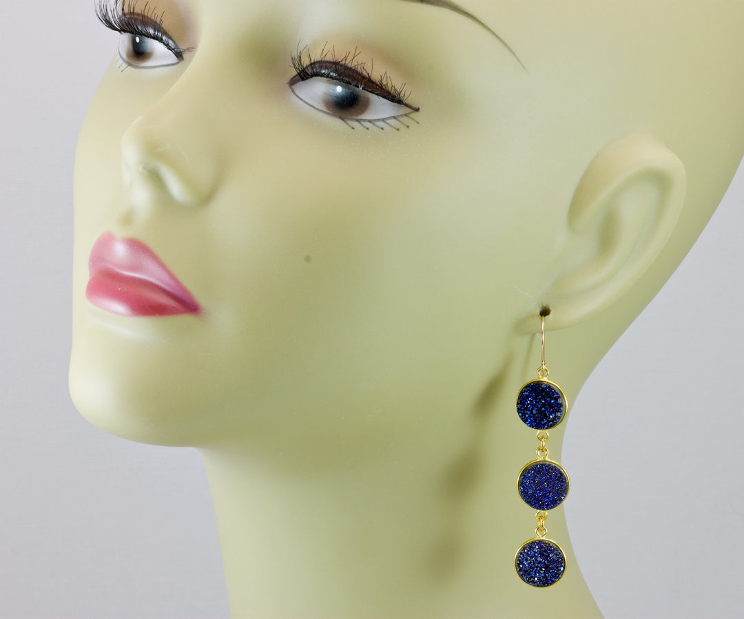 Drusy Earrings Peacock Blue Druzy 14k Solid Gold or Filled French Ear Wires 2.5 inch Long Triple Hung Round Bezel Set Natural Quartz Drops
