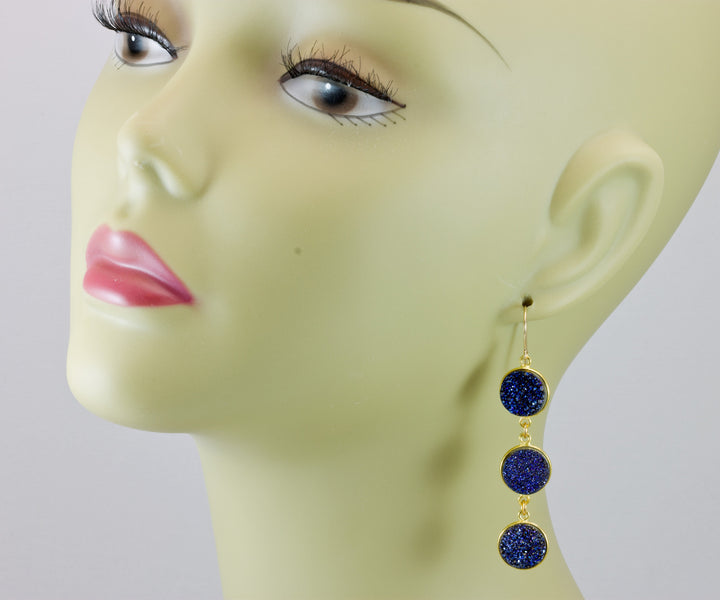 Drusy Earrings Peacock Blue Druzy 14k Solid Gold or Filled French Ear Wires 2.5 inch Long Triple Hung Round Bezel Set Natural Quartz Drops