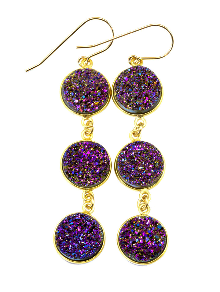 Drusy Earrings Bright Purple Peacock Druzy 14k Solid Gold or Filled French Ear Wires 2.5 inch Long Triple Hung Round Bezel Quartz Drops