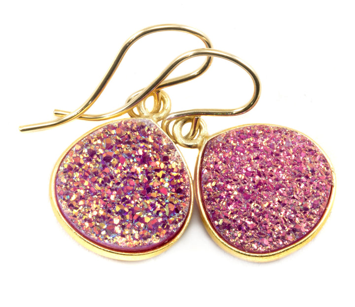 Pink Drusy Earrings Druzy Heart Teardrop 14 Solid Gold or Filled or Sterling Silver French Ear Wires Bezel Set Simple Drops Druse Simple