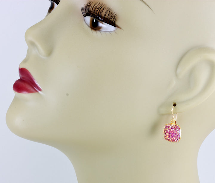 Pink Drusy Earrings Druzy Square Shaped Sterling Silver or 14k yellow solid gold or filled Bezel Simple Drops Fine Druse Quartz Spyglass