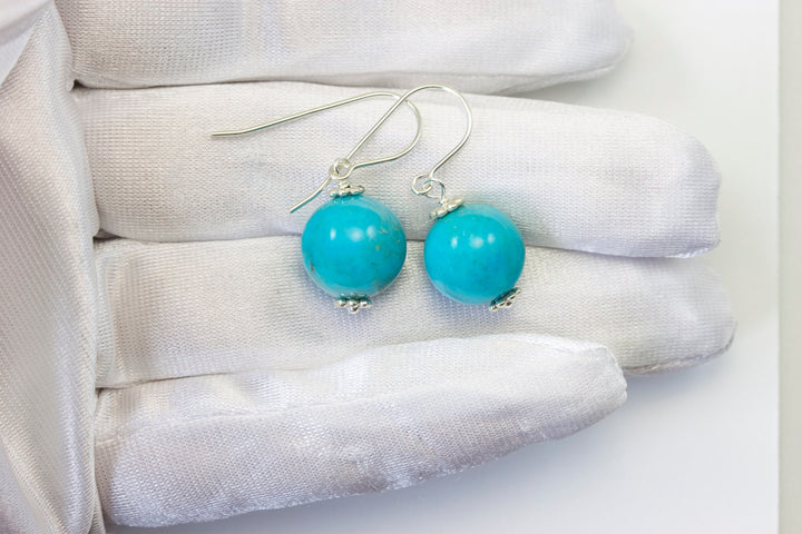 Turquoise Earrings Light Blue Round Dangle Drops Sterling Silver or 14k solid Yellow Gold or Filled Natural Beaded Simple Contemporary