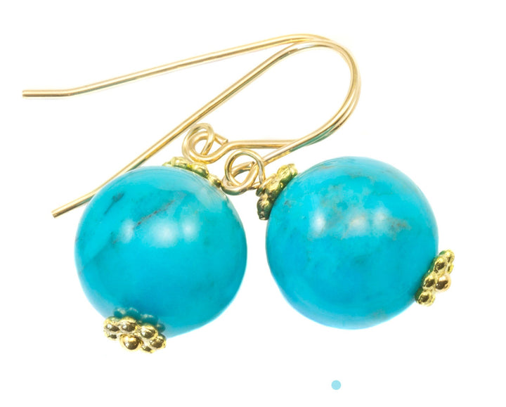 Turquoise Earrings Light Blue Round Dangle Drops Sterling Silver or 14k solid Yellow Gold or Filled Natural Beaded Simple Contemporary