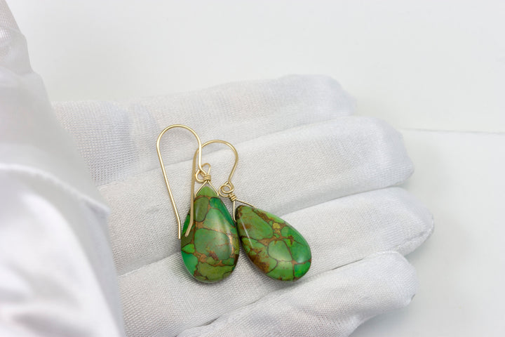 Copper Tuquoise Earrings Green Smooth Large Long Mosaic Unique 14k Solid Yellow Gold or filled or Sterling Silver Rare  Spyglass Designs