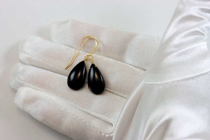 Black Onyx Earrings Sterling Silver or 14k Solid Gold or Filled Smooth Teardrop Dangle Classic Simple Dainty Neutral Daily Wear Drops