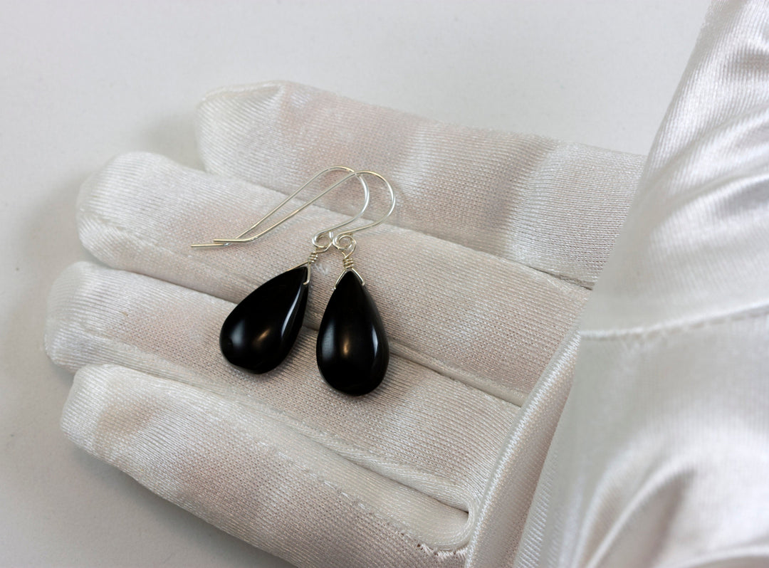 Black Onyx Earrings Sterling Silver or 14k Solid Gold or Filled Smooth Teardrop Dangle Classic Simple Dainty Neutral Daily Wear Drops