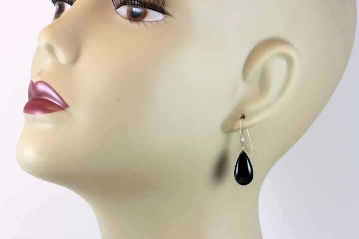 Black Onyx Earrings Sterling Silver or 14k Solid Gold or Filled Smooth Teardrop Dangle Classic Simple Dainty Neutral Daily Wear Drops