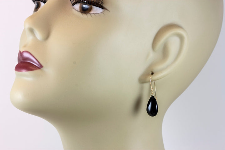 Black Onyx Earrings Sterling Silver or 14k Solid Gold or Filled Smooth Teardrop Dangle Classic Simple Dainty Neutral Daily Wear Drops