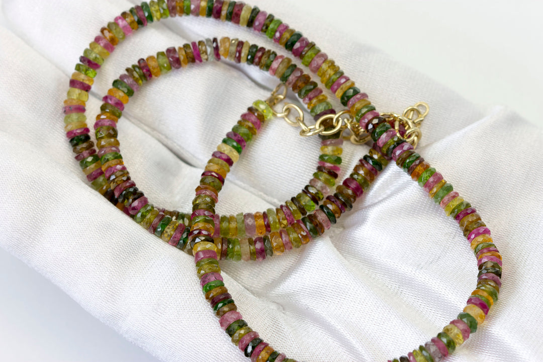 Multi ColorTourmaline Necklace Natural Earthy Rondelle Solid Strand Pink Green Sterling Silver 14k Gold Filled Micro Facet 20 Inches Simple