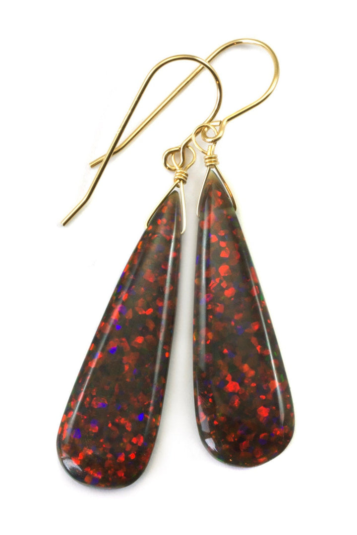 Fire Red Opal Earrings Long AAA Teardrops 14k Solid Gold or Filled or Sterling Silver 2 Inch AAA cut iridescent colors simple daily drops