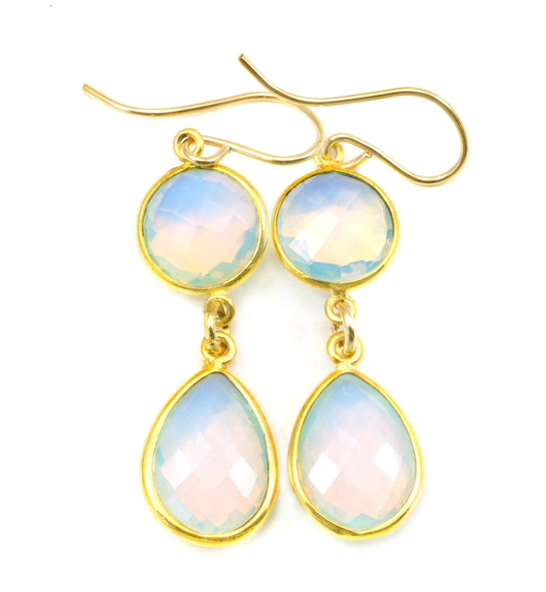 Opalite Earrings Faceted  AAA Teardrops 14k Solid Gold or Filled iridescent colors simple Double Bezel Setting Fat Milky White Drops