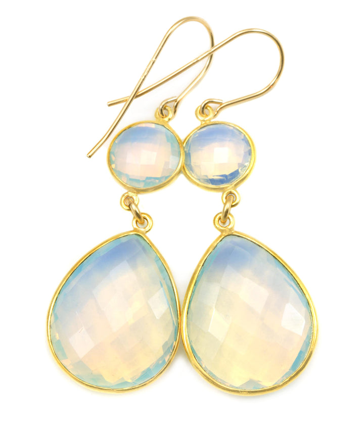 Opalite Earrings Faceted  Large Teardrops 14k Solid Gold or Filled iridescent colors simple Double Bezel Setting Fat 2 Inch Drops