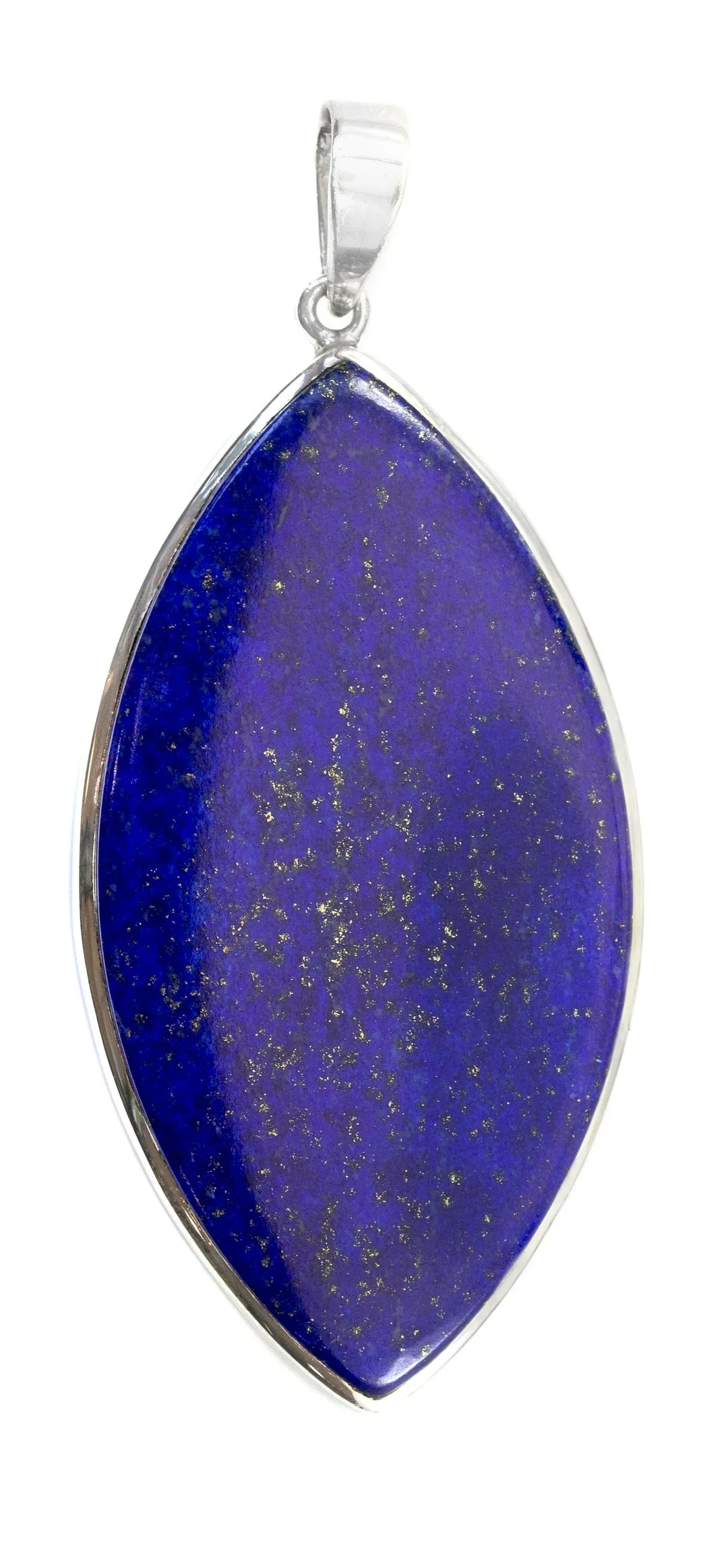 Lapis Lazuli Necklace Pendant X Large Marquise Shape Sterling Silver Simple Contemporary Natural Pyrite Flecks Rich Blue Bezel Set 3 Inch - Spyglass Designs