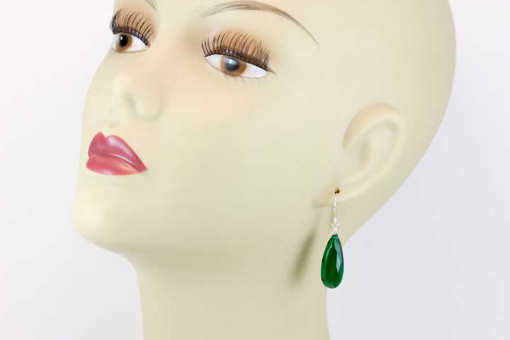 Emerald Green Earrings Faceted Long Simulated Emerald Teardrop Drop Dangle Sterling Silver or 14k Solid Gold or Filled Simple Classic 1.6 In