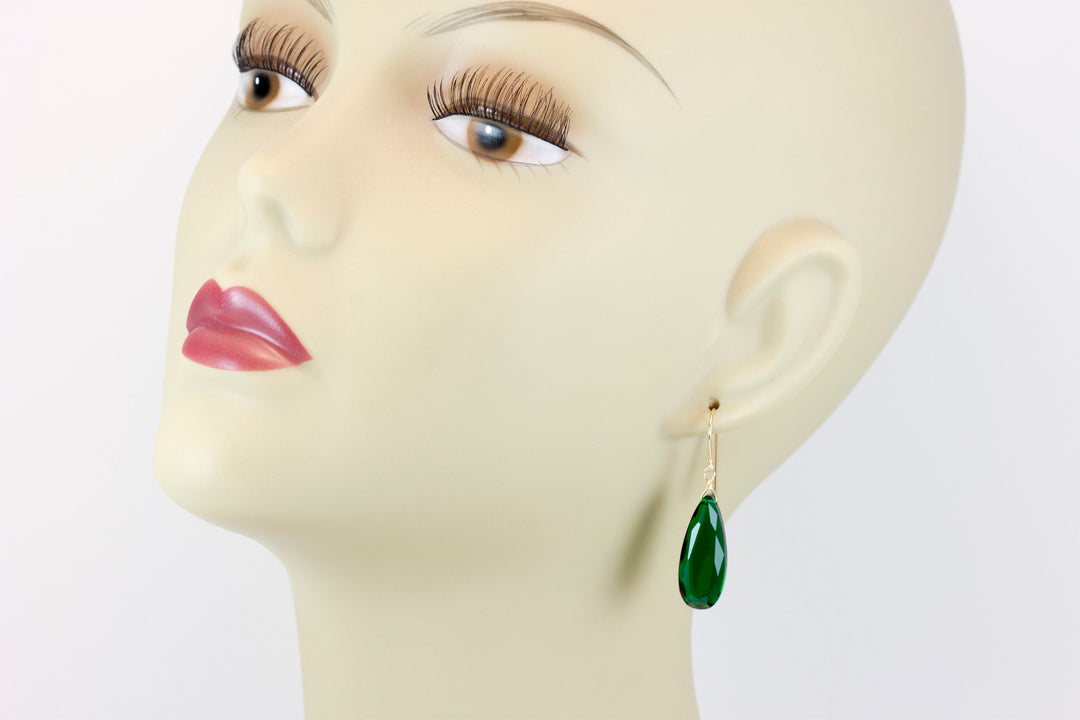 Emerald Green Earrings Faceted Long Simulated Emerald Teardrop Drop Dangle Sterling Silver or 14k Solid Gold or Filled Simple Classic 1.6 In