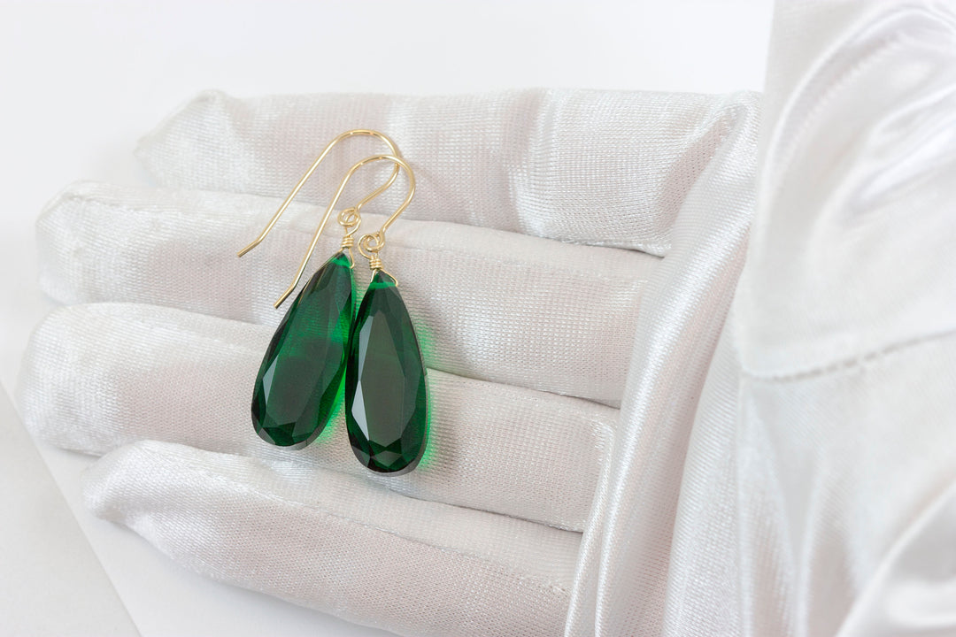 Emerald Green Earrings Faceted Long Simulated Emerald Teardrop Drop Dangle Sterling Silver or 14k Solid Gold or Filled Simple Classic 1.6 In