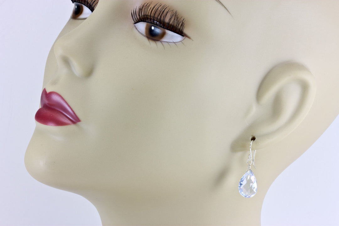 Ice Blue Quartz Earrings Faceted Teardrop Sterling Silver or 14k Solid Gold or Filled Pear Lightweight Daily Classic Cut Pale Blue Drops