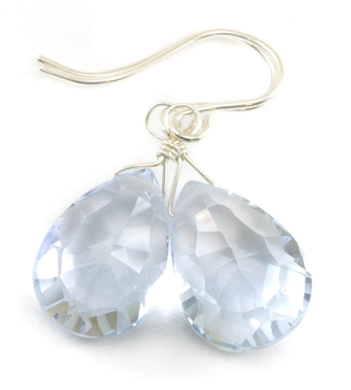 Ice Blue Quartz Earrings Faceted Teardrop Sterling Silver or 14k Solid Gold or Filled Pear Lightweight Daily Classic Cut Pale Blue Drops