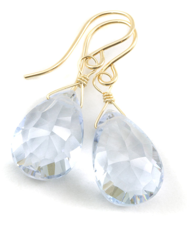 Ice Blue Quartz Earrings Faceted Teardrop Sterling Silver or 14k Solid Gold or Filled Pear Lightweight Daily Classic Cut Pale Blue Drops