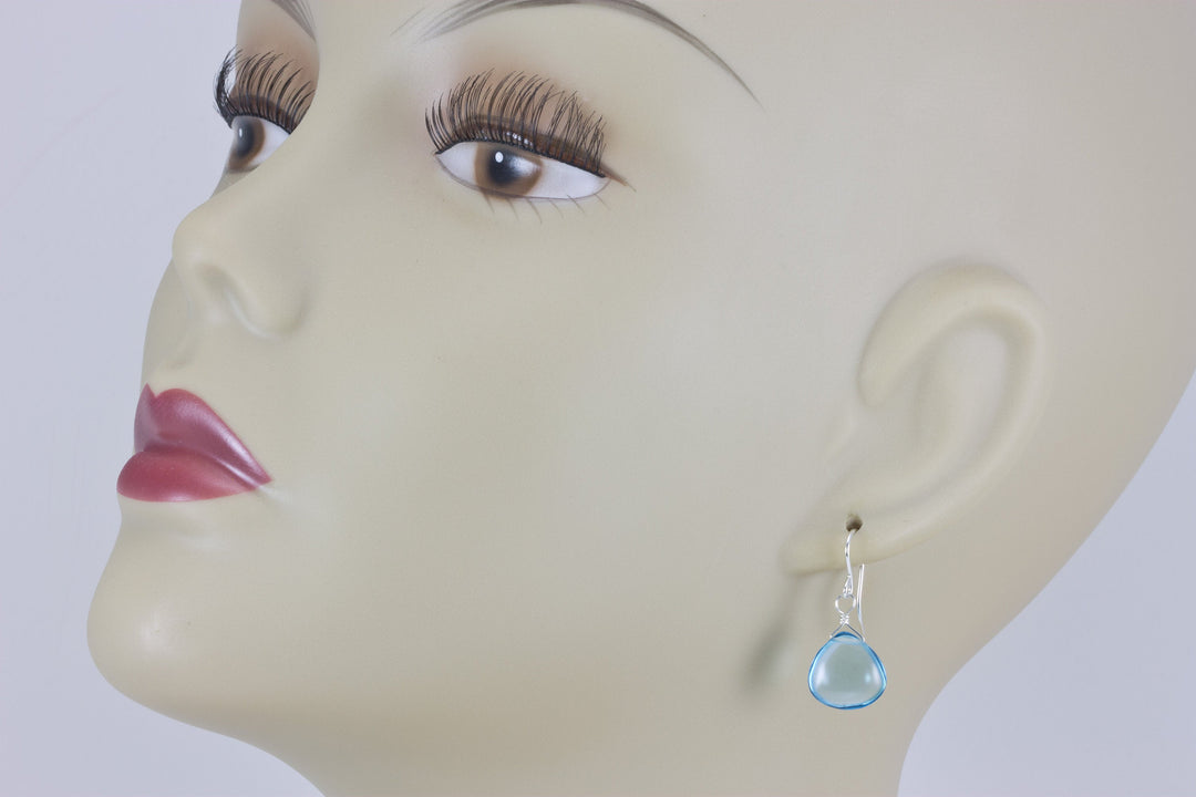 Swiss Blue Earrings Smooth Simulated Topaz Baby Blue Drops 14k Solid Gold or Filled or Sterling Silver Heart Simple Dainty Dangle Drop