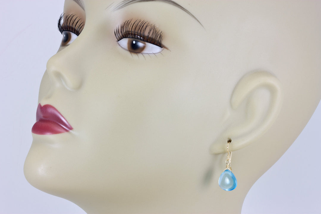 Swiss Blue Earrings Smooth Simulated Topaz Baby Blue Drops 14k Solid Gold or Filled or Sterling Silver Heart Simple Dainty Dangle Drop