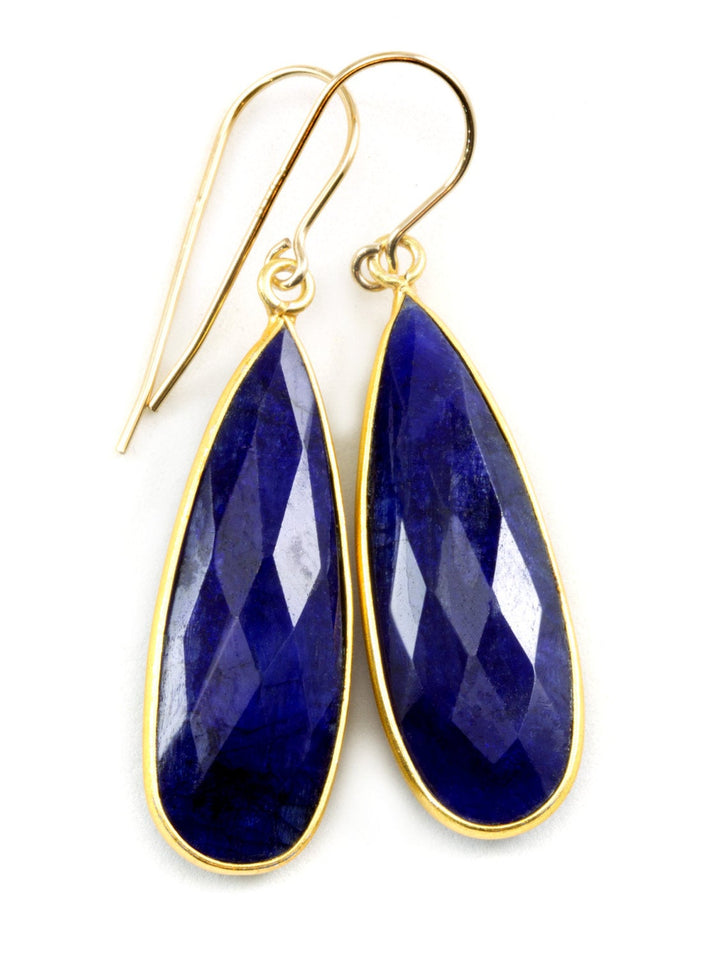 Blue Sapphire Earrings Raw Polished Faceted Long Teardrops Bezel Set Drops Dangle 14k Solid Yellow Gold or Filled Earwires Simple Classic