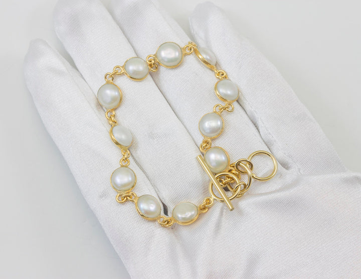 Freshwater Button Pearl Bracelet White Cultured Sterling Silver 14k Gold Plate Adjustable Toggle Clasp 7  8 Inches Inch Simple Button  Bezel