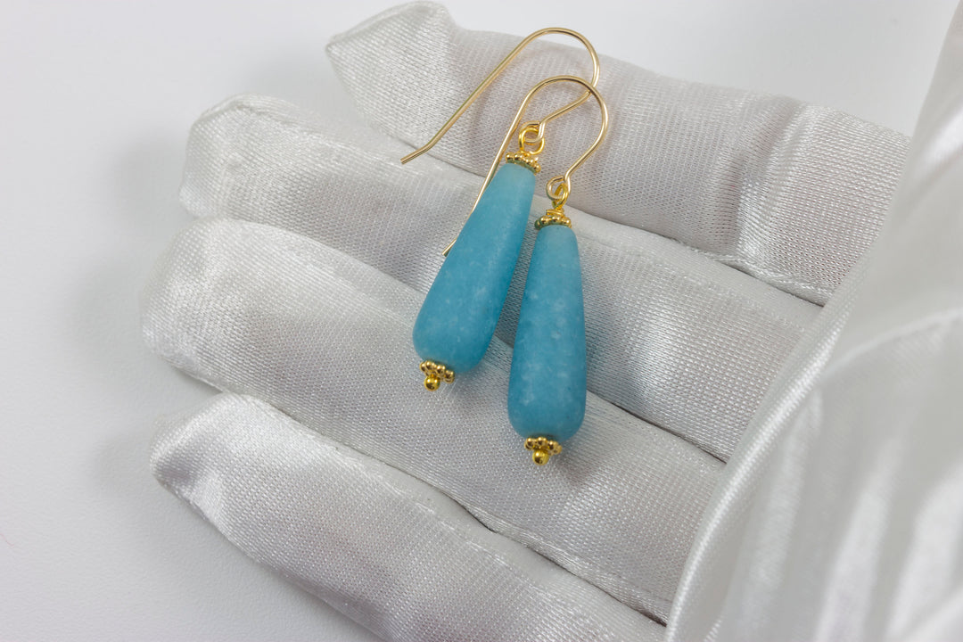 Quartzite Earrings Steel Blue Polished Matte Finish Smooth Long Teardrop Beaded 14k solid gold or filled or sterling silver Drop Dangle