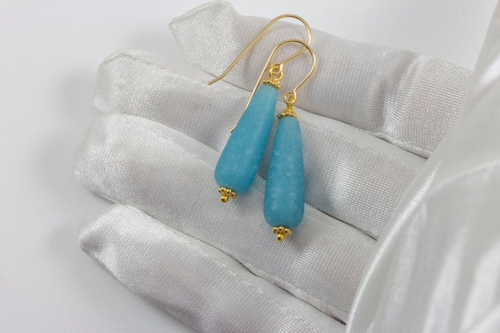 Quartzite Earrings Steel Blue Polished Matte Finish Smooth Long Teardrop Beaded 14k solid gold or filled or sterling silver Drop Dangle