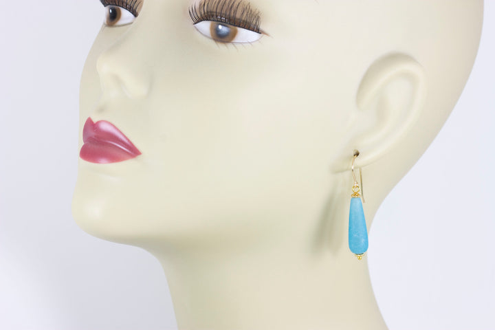 Quartzite Earrings Steel Blue Polished Matte Finish Smooth Long Teardrop Beaded 14k solid gold or filled or sterling silver Drop Dangle