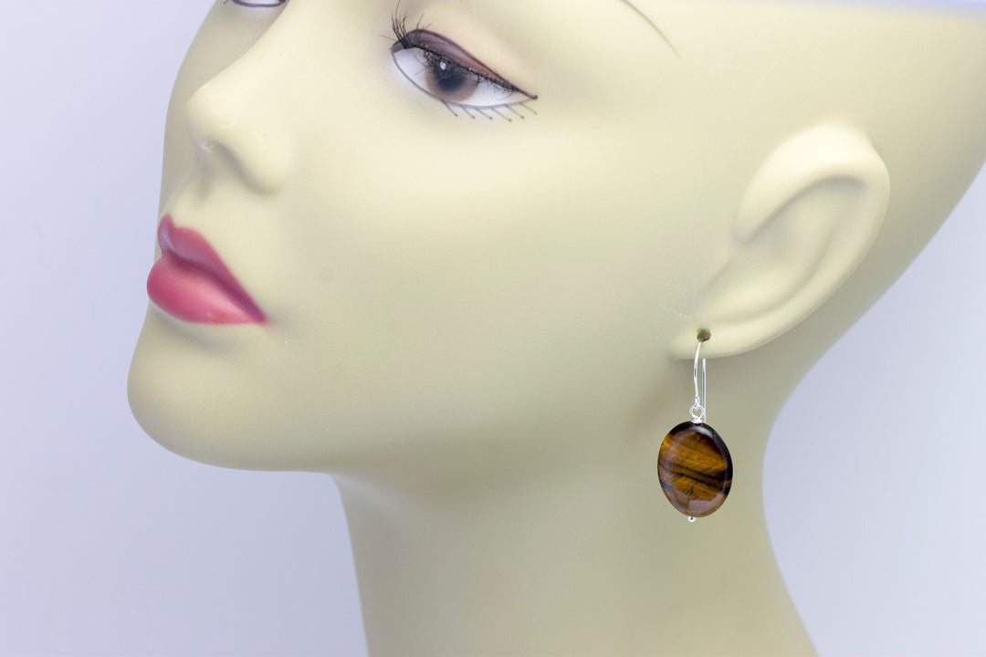 Tiger's Eye Earrings Smooth Large Oval Teardrop Dangle Sterling Silver or 14k Solid Gold or  Filled Striped Natural Simple Spyglass Designs