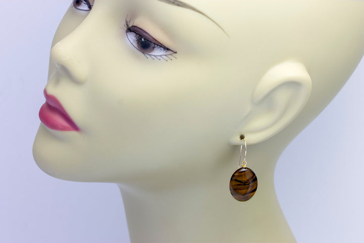 Tiger's Eye Earrings Smooth Large Oval Teardrop Dangle Sterling Silver or 14k Solid Gold or  Filled Striped Natural Simple Spyglass Designs