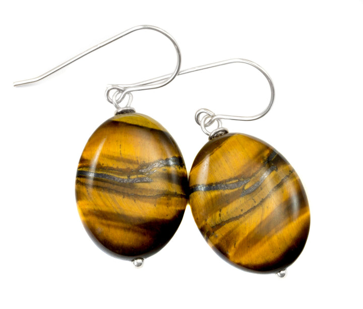 Tiger's Eye Earrings Smooth Large Oval Teardrop Dangle Sterling Silver or 14k Solid Gold or  Filled Striped Natural Simple Spyglass Designs