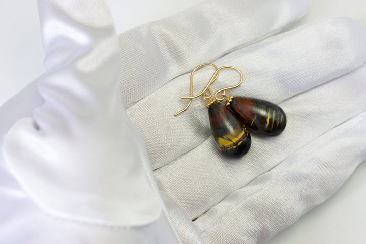 Tiger's Iron Eye Earrings Red Jasper Smooth Fat Simple Teardrop dangle Sterling Silver or 14k Solid Gold or Filled Real Natural Simple Drops