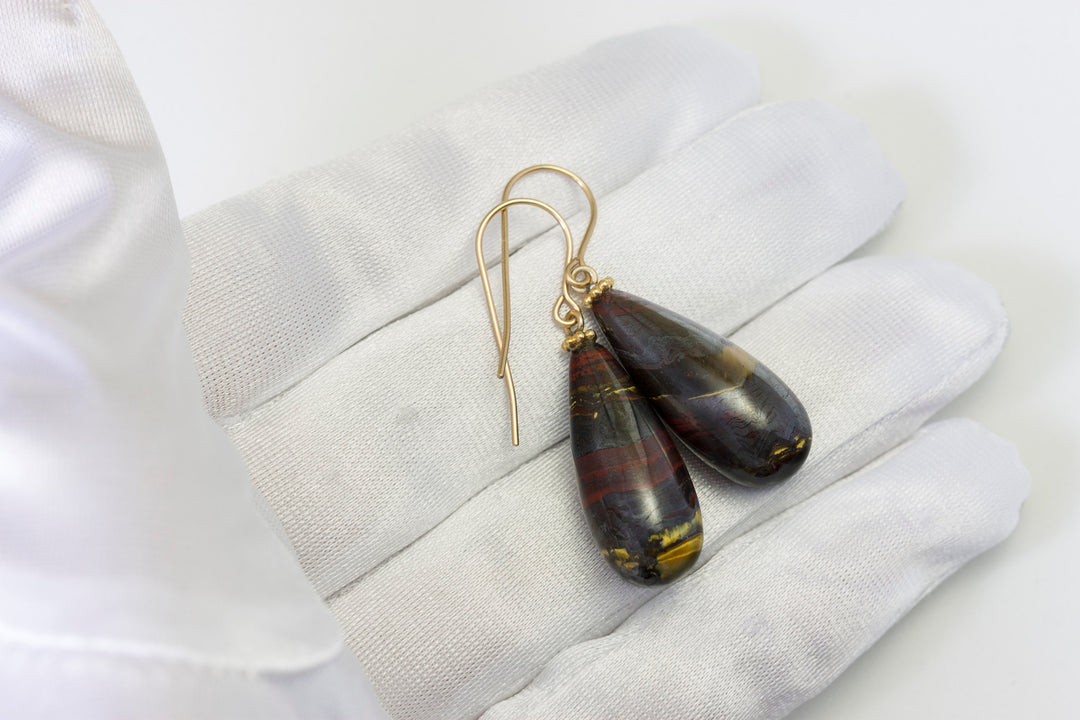 Tiger's Iron Eye Earrings Smooth Long Large Teardrop dangle drop Sterling Silver or 14k Solid Gold or Filled Natural Rounded Fat Drops