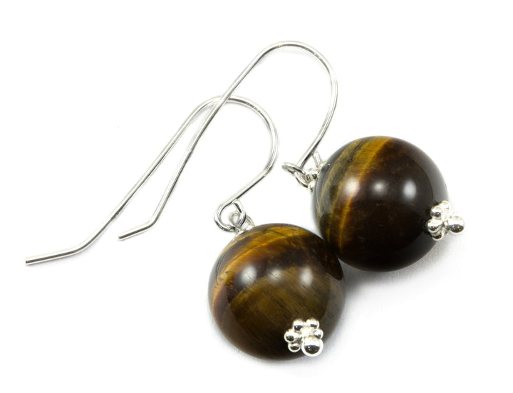 Tiger's Eye Earrings Smooth Round Drops Red or Golden Sterling Silver or 14k Solid Gold or  Filled Striped Natural Simple Spyglass Designs