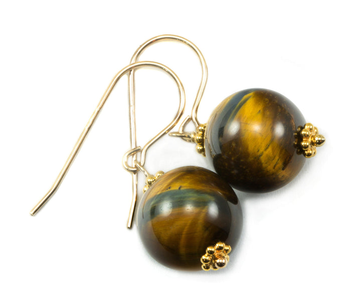 Tiger's Eye Earrings Smooth Round Drops Red or Golden Sterling Silver or 14k Solid Gold or  Filled Striped Natural Simple Spyglass Designs