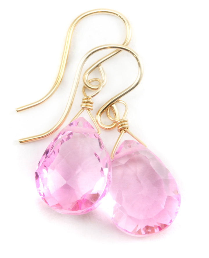 Pink Simulated Sapphire Earrings Faceted Teardrop Bright Pink Pear Sterling Silver or 14k Solid Gold or Filled Micro Faceting Simple Drops