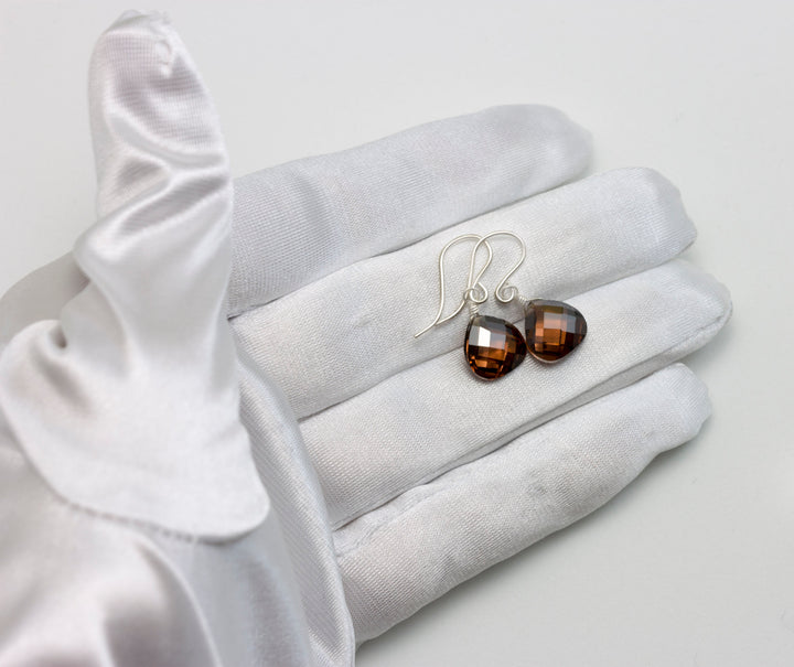 Dark Chocolate Cubic Zirconia Earrings Heart Briolettes AAA CZ  14k Solid Yellow Gold or Filled or Sterling Silver Simulated Diamond Simple