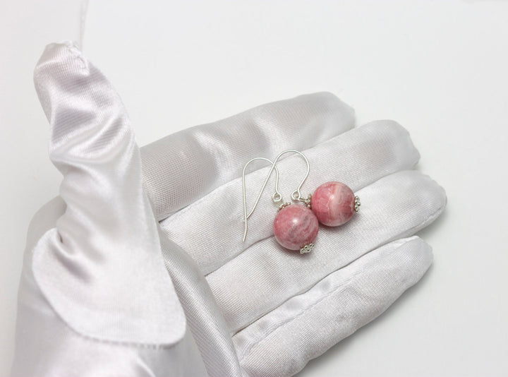 Rhodochrosite Earrings Natural Pink Smooth Round Dangle Drops Sterling Silver or 14k solid Gold or Filled Real Stone Simple Earthy Soft Pink