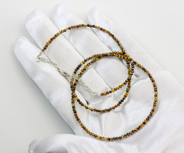 Tiger's Eye Necklace Natural Earthy Solid Strand Dainty Small Sterling Silver 14k Gold Filled Micro Faceted 18 19 Inches Simple Golden Brown