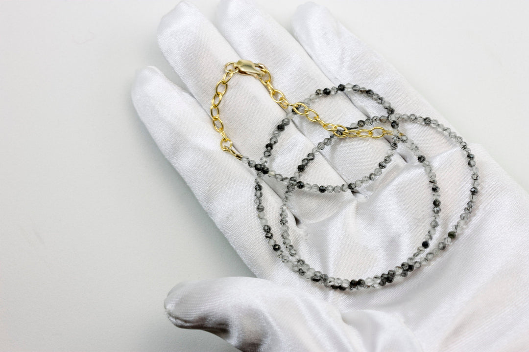 Rutile Tourmalated Quartz Necklace Natural Black Solid Strand Dainty Small Sterling Silver 14k Gold Filled Micro Faceted 19 20 Inches Simple